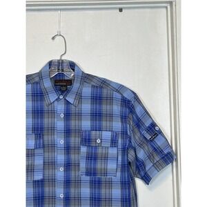 Zam Shirt Adult XL Blue & Black Plaid Double Stitched Button Up Short Sleeve Men